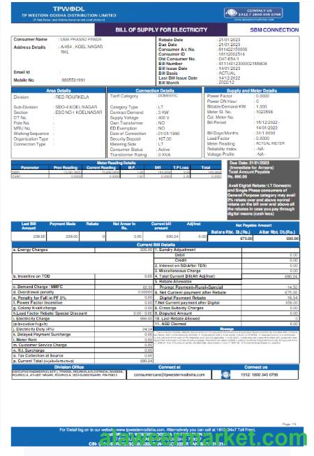 INDIA TPWODL utility bill Word and PDF template